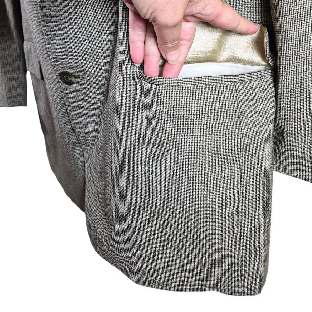 Vtg Tommy Hilfiger 42L Brown Houndstooth 3Pc Suit Set Old Money Academia Wedding